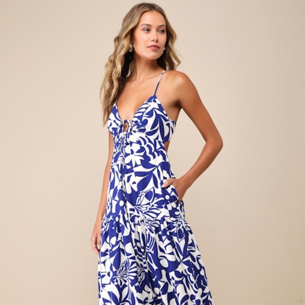 Lulus Mykonos Memories Blue And Ivory Abstract Maxi Dress With Pockets - Size M